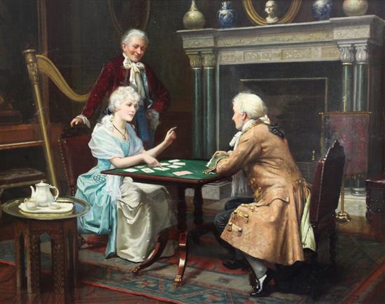 Harold Hume Piffard (fl. 1895-1899) Interior with Georgian lady and gentleman playing cards, 28 x 35in.